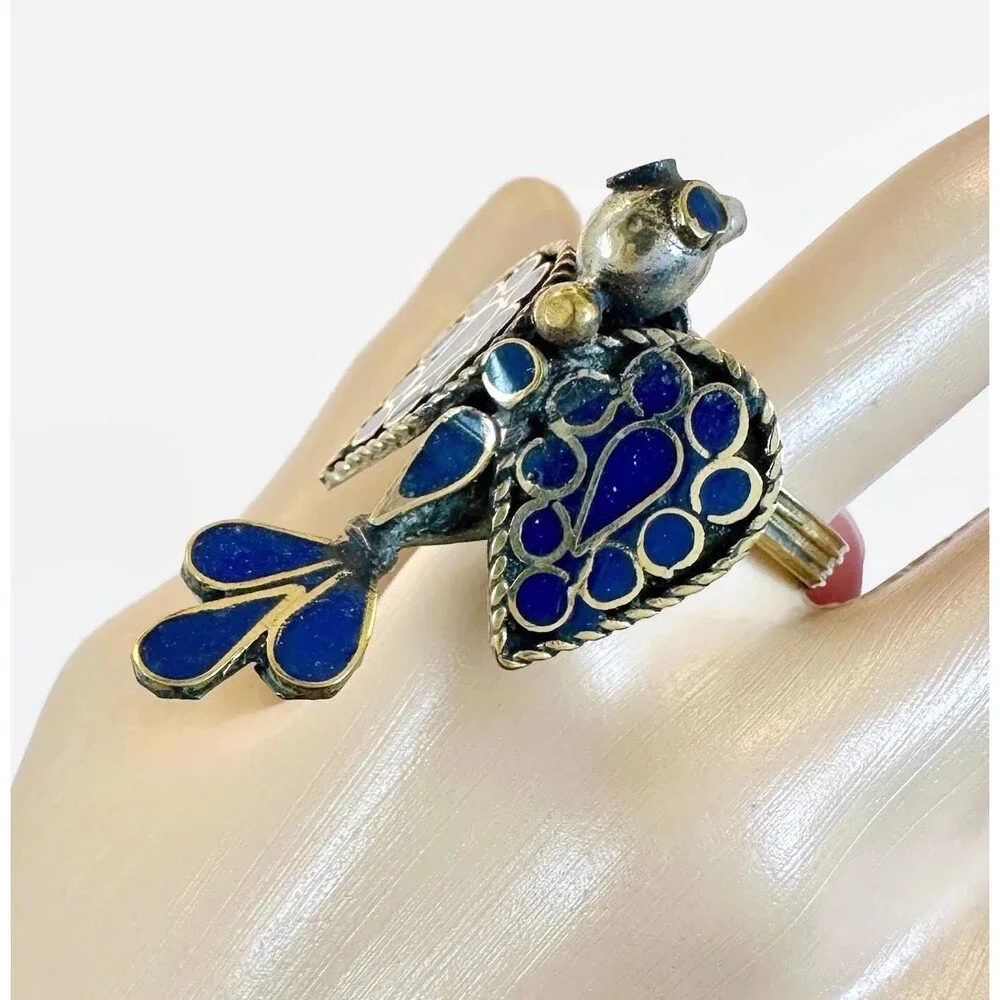 Vintage Bird Ring, Middle Eastern: Afghan Blue Enameled, Statement Boho, Size 9